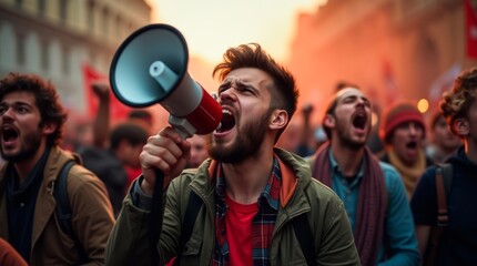 Angry young man shouting with megaphone during street protest surrounded by diverse and committed crowd fighting for their rights
