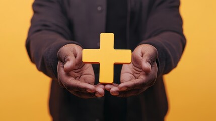Hands Holding a Yellow Cross Symbol on a Vibrant Yellow Background