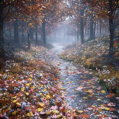 A serene autumn landscape featuring a winding path through a foggy forest, adorned with vibrant red and orange leaves, wildflowers, and a tranquil water flow.