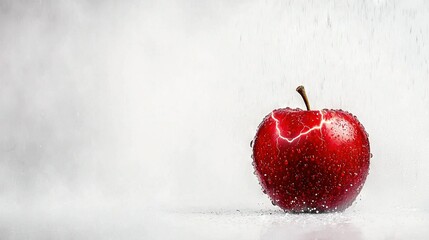   A red apple with a bite taken out sits atop a white surface amidst a water-stained patch