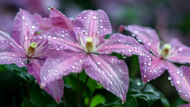 Purple clematis flowers with raindrops on their petals are in focus, while the green leaves are blurred in the background