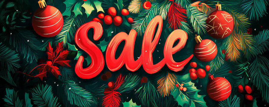 A vibrant sale banner surrounded by red ornaments and lush greenery celebrating the festive holiday shopping season