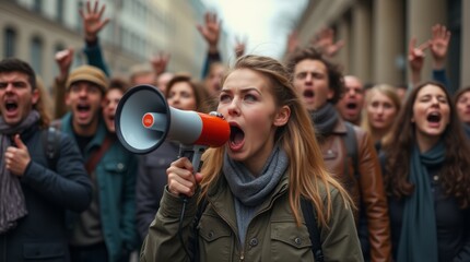 Angry young woman shouting with megaphone during street protest surrounded by diverse and committed crowd fighting for their rights