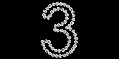 Silver Rhinestone Diamond Number 3 Luxury Text Design Vector Illustration, Diamond Bling Number On Black Background.	