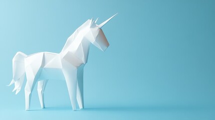 Obraz premium White Origami Unicorn on a Blue Background
