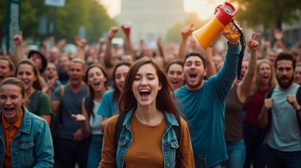Angry young woman shouting during street protest surrounded by diverse and committed crowd fighting for their rights