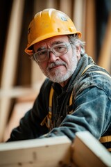 Senior carpenter in a workshop wearing protective gear, close-up.