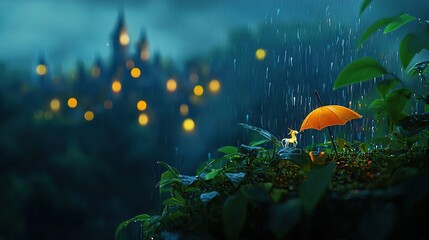 Fototapeta premium An orange umbrella sits atop a lush green hill, near a forest illuminated by many yellow lights