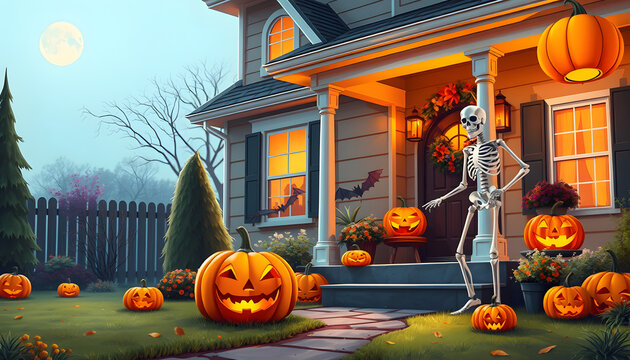 Halloween at home. Halloween pumpkin and skeleton for decorated house. Scary Decorated at front yard of a American home. Trick or treat. Halloween background. Autumn holiday of Halloween isolated wi