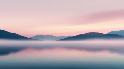 Obraz premium Mountains surround a body of water beneath a pink-and-blue sky