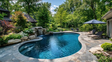 Relaxing Home Swimming Pool Surrounded by Garden and Terrace on a Sunny Day. Generative AI