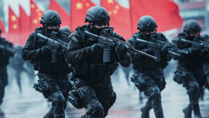 Military parade with Chinese soldiers marching in unison.