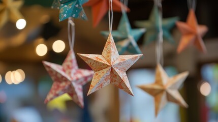 Colorful Paper Stars Hanging Decor with Bokeh Background