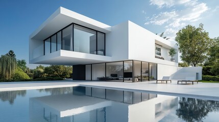 Modern White House Design Featuring an Elegant Poolside View in a Picturesque Garden Setting. Generative AI