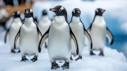 Fototapeta premium A Group of Penguins Walking on Snow and Ice in Antarctica