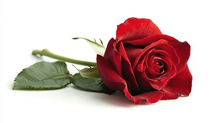   A close-up of a single red rose on a white background