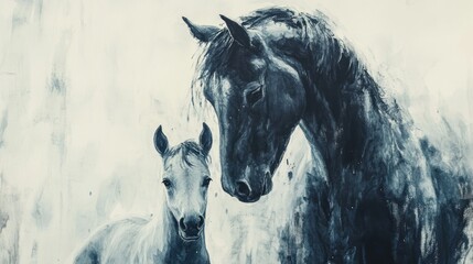 Watercolor painting of a black horse and foal, against a white background.