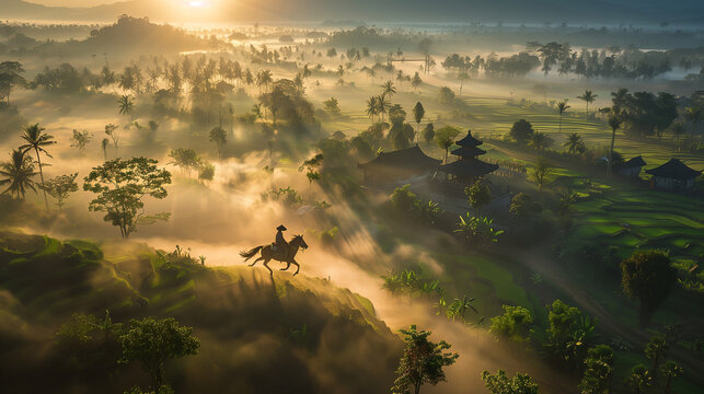 In the misty morning of a Chinese terraced field, a lone swordsman in a bamboo hat moves through grasslands toward a distant village, bathed in golden sunlight.