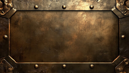 Aged metallic background with a rustic bronze texture and riveted metal frame, evoking an industrial and vintage feel