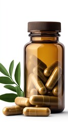 An orange bottle containing multivitamin capsules is tipped over, spilling brown pills onto a plain white surface