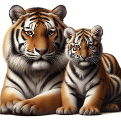 Majestic tiger and cute cub relaxing together in nature