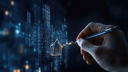 A businessman is actively drawing a glowing growth arrow on a virtual screen with a tablet, emphasizing financial success and planning