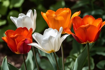 A picturesque view of tulips in a garden, their vibrant colors.