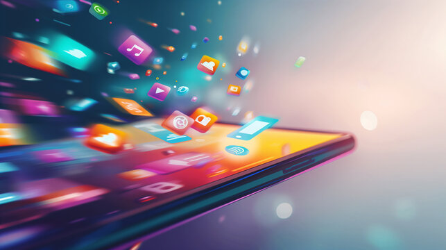 An illustration shows vibrant app icons emerging from a smartphone screen against a white background, symbolizing technological innovation in mobile news discovery.