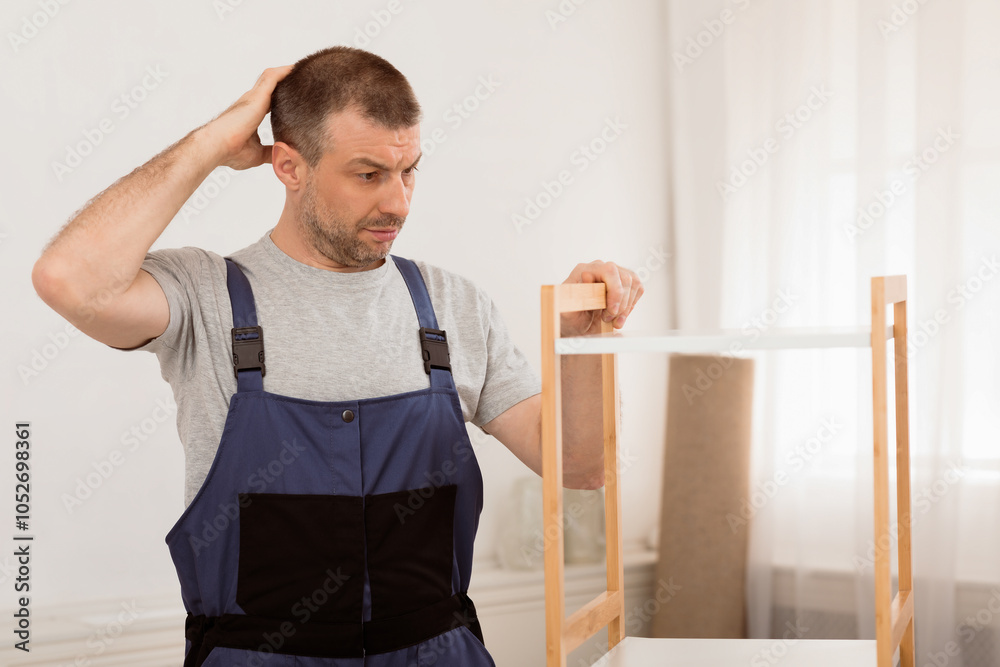 Aufkleber Puzzled Craftsman Scratching Head Assembling Shelf Set Without Manual Instruction Standing Indoors, Wearing Blue Coverall Uniform. Furniture Assembly Issues Concept