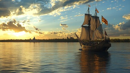 Obraz premium Majestic Sailing Ship at Sunset on Tranquil Waters