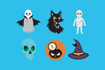 Halloween spooky spirit elements of  Toothy Wolf, Witch, Clock on Pumpkin, Skull, Hat and Mummy vector art