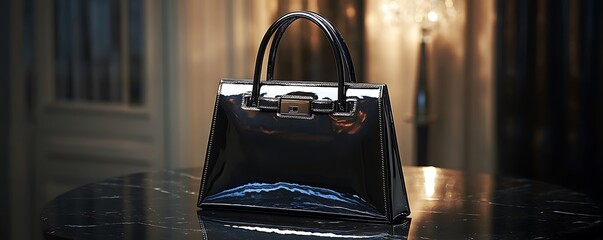 A structured glossy handbag sitting on a polished black marble surface under soft diffused lighting
