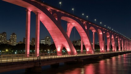 Fototapeta premium Evening view of the Puente de la Mujer bridge in Buenos Aires, lit with pink lights.