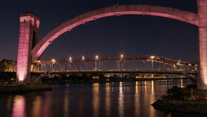 Obraz premium Evening view of the Puente de la Mujer bridge in Buenos Aires, lit with pink lights.