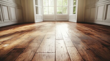 Empty room with wooden floor and large window.