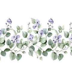 Watercolor Seamless Floral Border with Purple Flowers and Eucalyptus Leaves