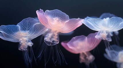 Obraz premium A cluster of translucent creatures bobbing atop an azure and magenta expanse against a dark backdrop