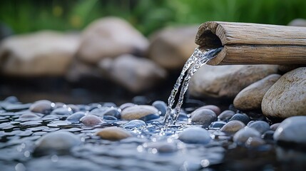   Wooden spigot pouring water into rocky stream with grass background