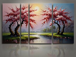 Elegant Multi-Panel Oil Painting of Cherry Blossom Trees by a Tranquil River at Sunset – Perfect for Floral and Landscape Art Lovers