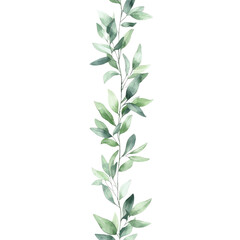 Watercolor Green Leaves Vertical Seamless Pattern