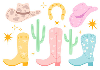 Collection of Cowboy fashion elements. Cowgirl boots, hat, horseshoe, cactus. Cowboy western and wild west theme. Rodeo design. Country music