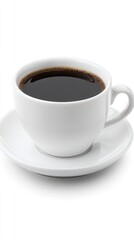 Fototapeta premium A white cup filled with coffee and milk sits on a saucer, surrounded by a calming white background, offering a peaceful moment of enjoyment