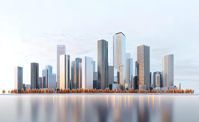Fototapeta premium Modern city business centre at sunset, office and residential area by the water 