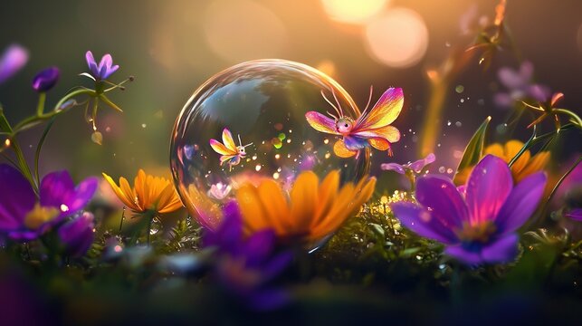   A glass ball rests atop a verdant field brimming with purple, yellow, and orange blossoms and flitting butterflies