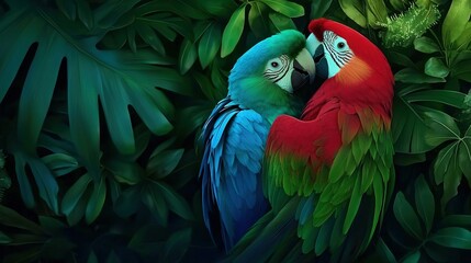 Obraz premium A pair of vibrant parrots perched together on a verdant leaf in a dense, leafy forest