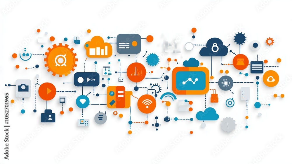 Fototapete Abstract technology infographic with colorful icons and network connections, illustrating data flow and cloud-based communication, Generartive AI