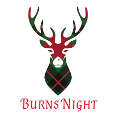 Burns night supper card with deer head ob tartan background. 