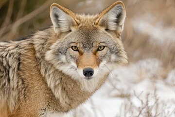 Naklejka premium Coyote stalking captured in vivid portrait photography, striking hues and gradients, space for text, harmonious composition, captivating imagery.