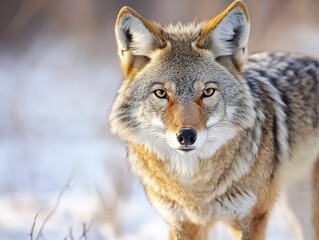 Obraz premium Coyote stalking in realistic portrait style with high-contrast background colors, negative space for text, emphasizing textures and lighting