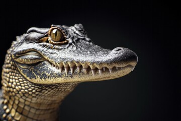 Obraz premium Crocodile hiding in darkness, lifelike portrait style, bold colors, detailed skin, open space for text, striking background.